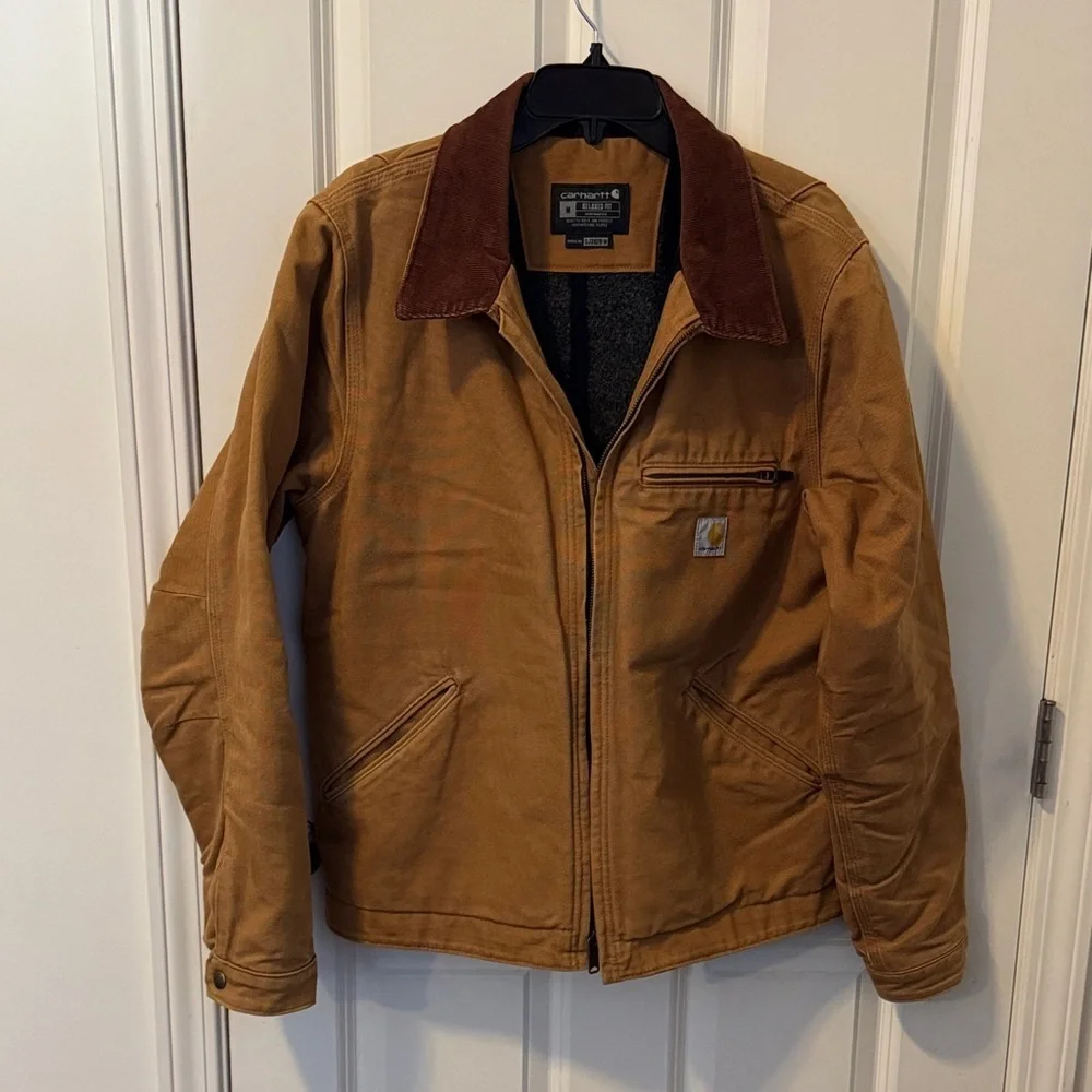Carhartt Brown Men's M Work Jacket Relaxed Fit Mid-Length Full Zip Spread Collar
